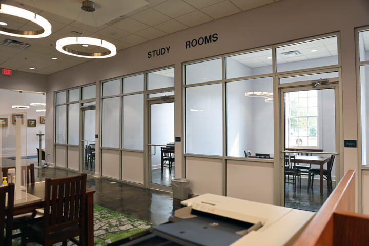 Library meeting rooms are secluded behind doors to provide groups with a private space for collaboration and study.
